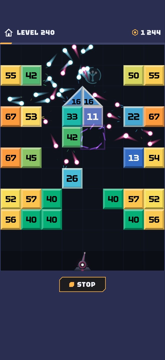 Level 240: a splitter turns the stream into a swarm of bullets that ricochet between rows of numbered bricks.