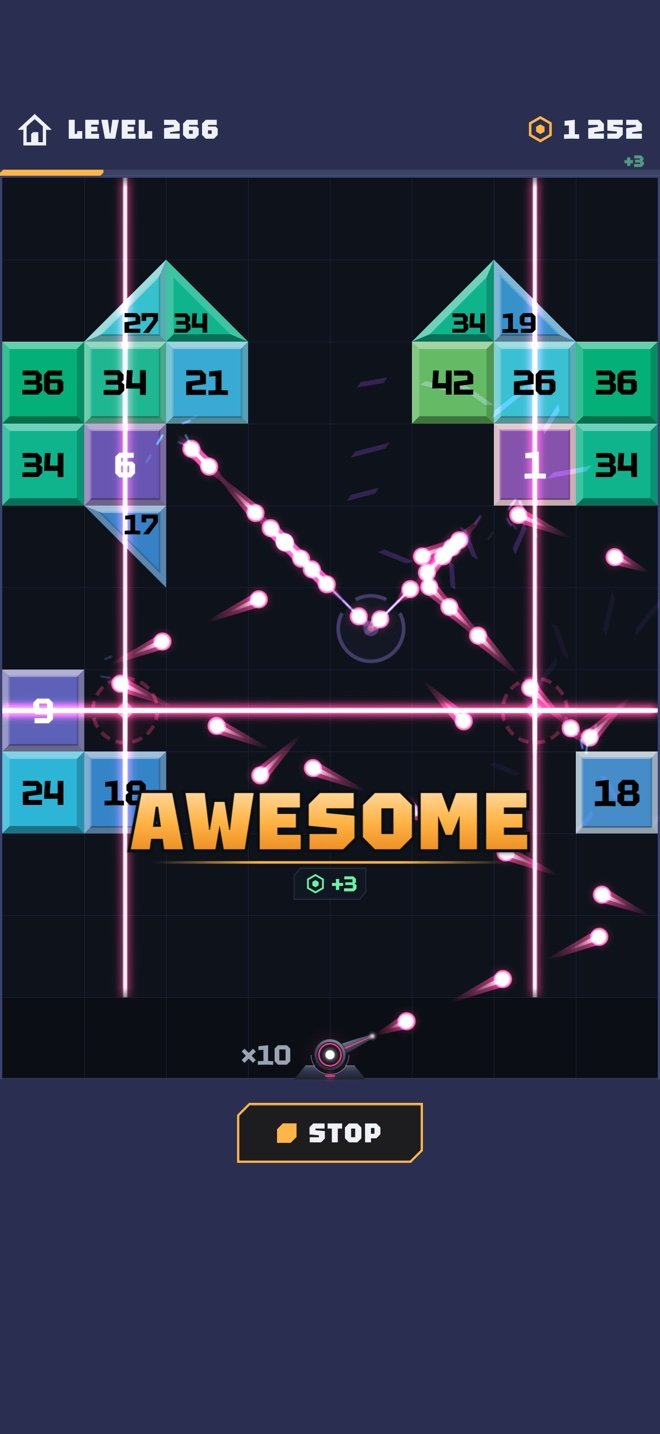 Level 266: two zappers fire laser beams across their row and column while bullets bounce around, with the word AWESOME.