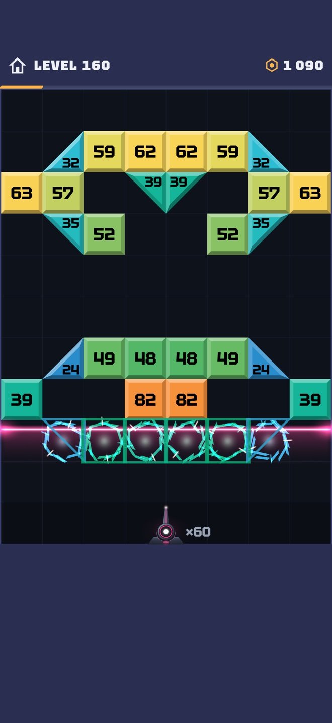 Level 160: the Sweep power-up sends a beam up from the floor that shatters the lowest bricks.