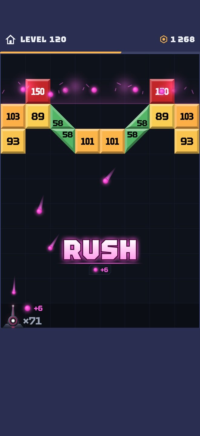 Level 120: RUSH. A new row comes down and pink bonus bullets fly into the shooter.